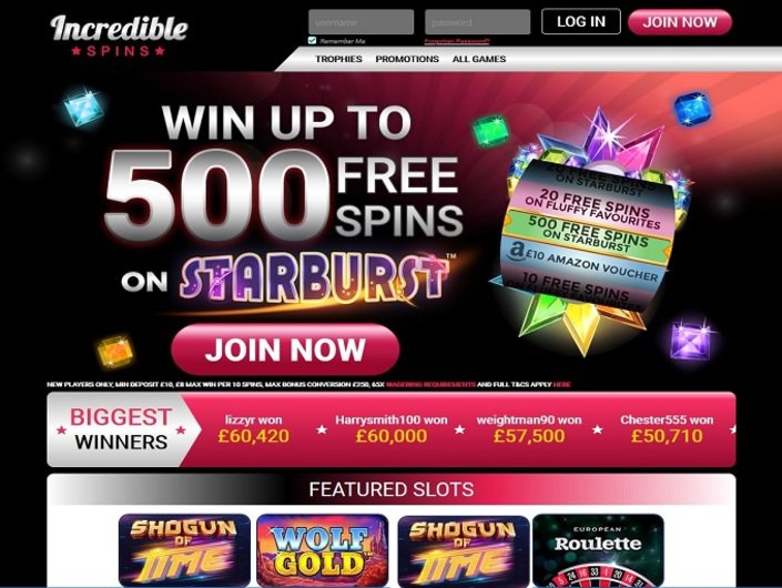 Incredible Spins casino homepage 