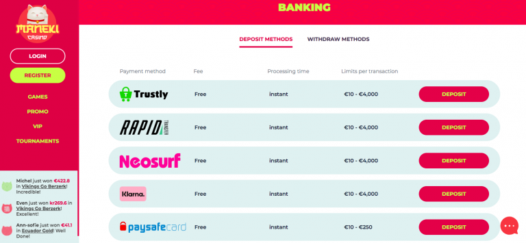 Maneki Casino Payment Methods