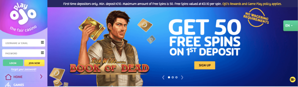 PlayOjo No Wagering free spins 