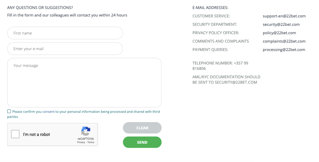 Customer Support at 22Bet 