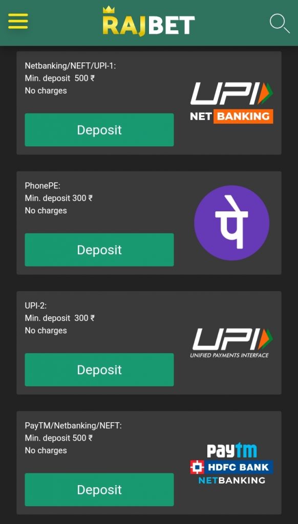 Rajbet Deposit Methods