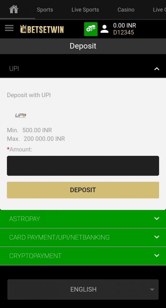 Deposit on Betsetwin