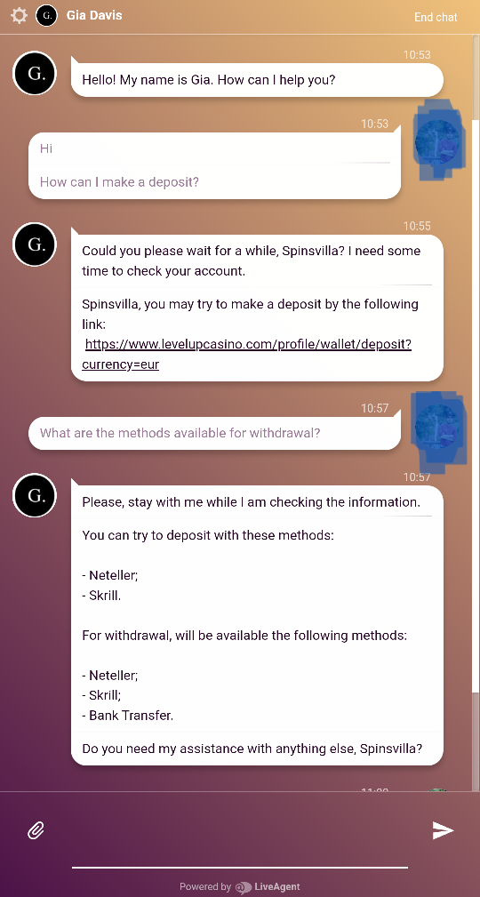 Customer Support at Levelup Casino