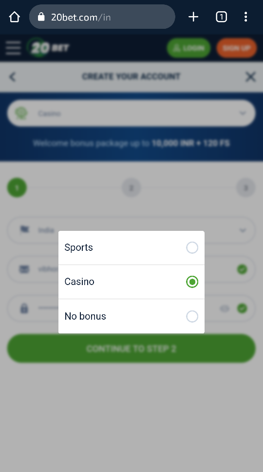 Bonus option available at 20Bet