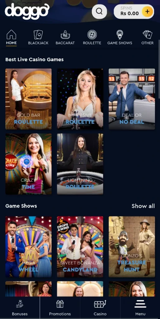 Game Selection at Doggo Casino