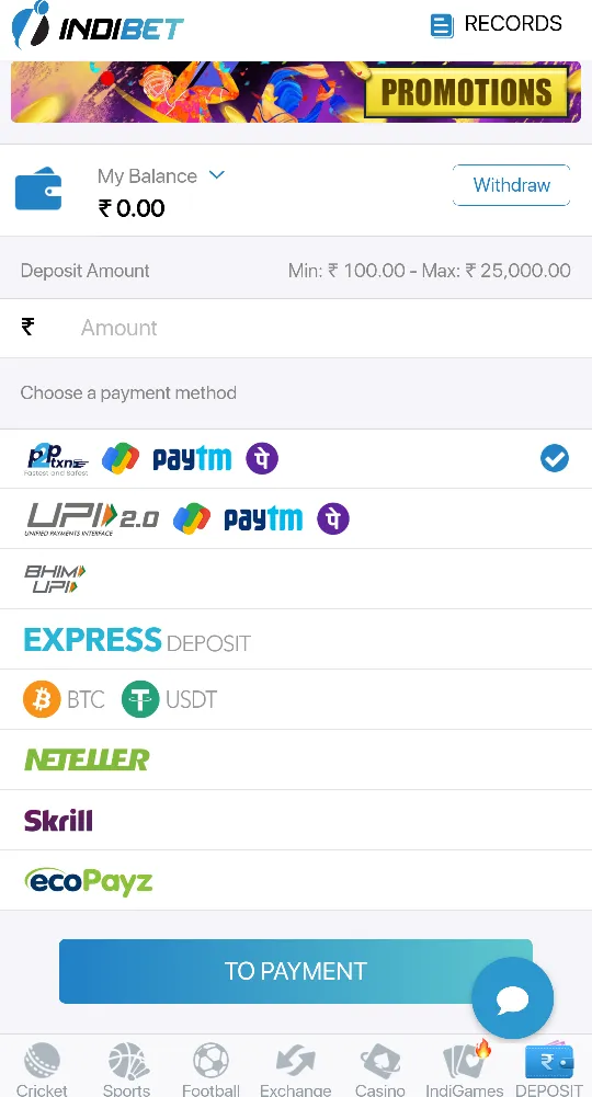 Deposit Methods on Indibet