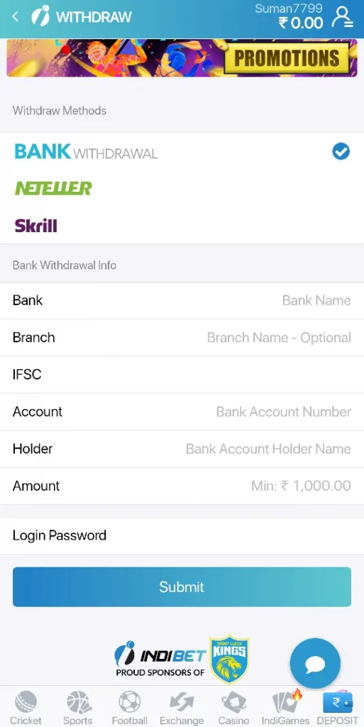 Indibet Withdrawal Methods