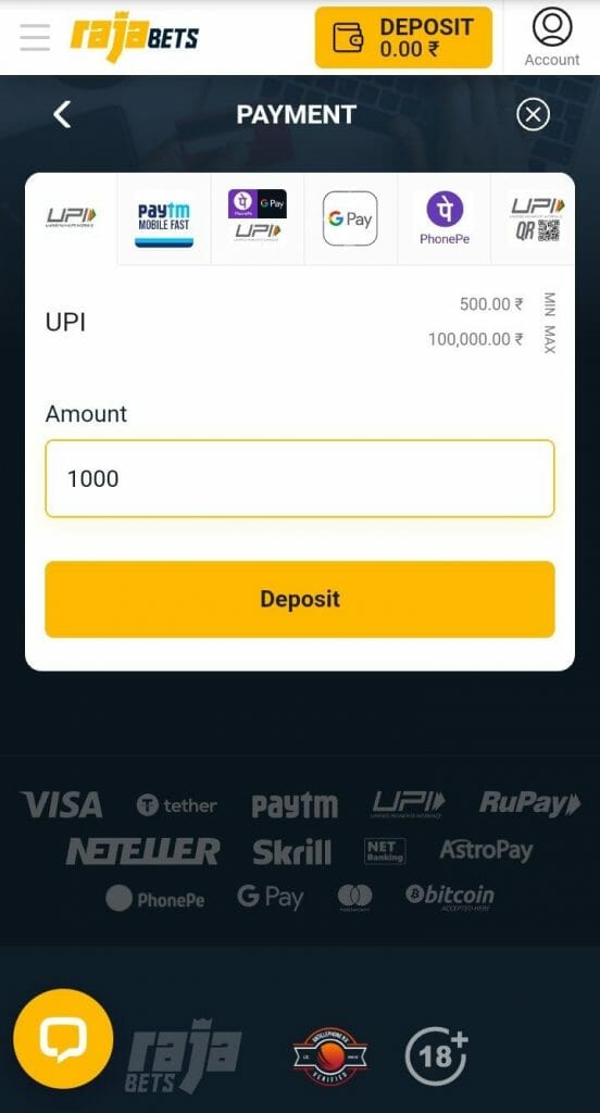 Deposit Method on Rajabets