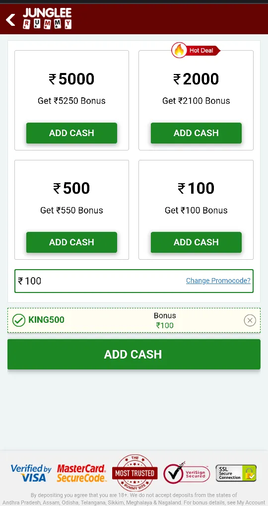 Bonuses Offers at Junglee Rummy