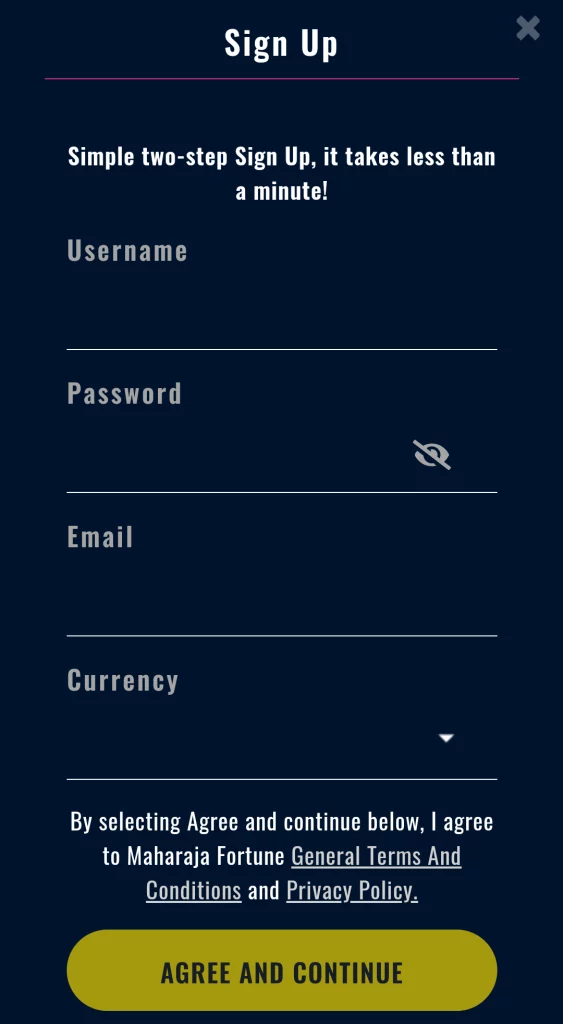 Screenshot of Signup Process at Maharaja Fortune