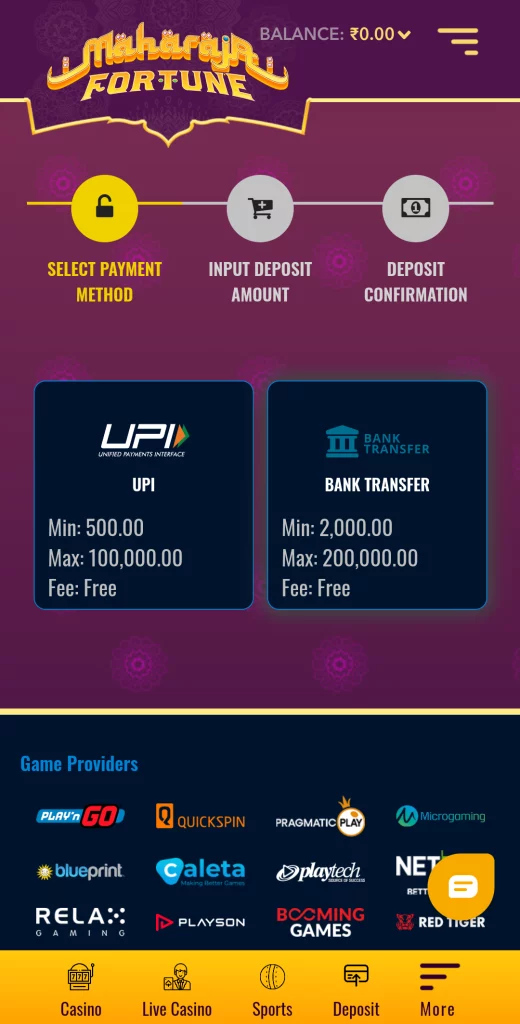 Screenshot of Payment methods at Maharaja Fortune.