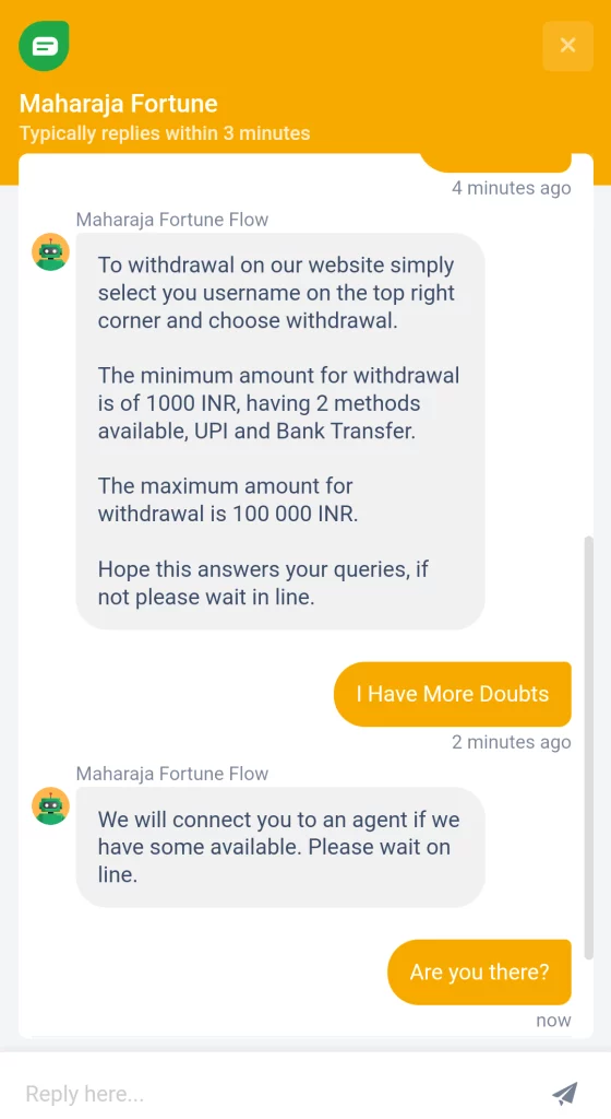 Screenshot of Customer Support chat at Maharaja Fortune