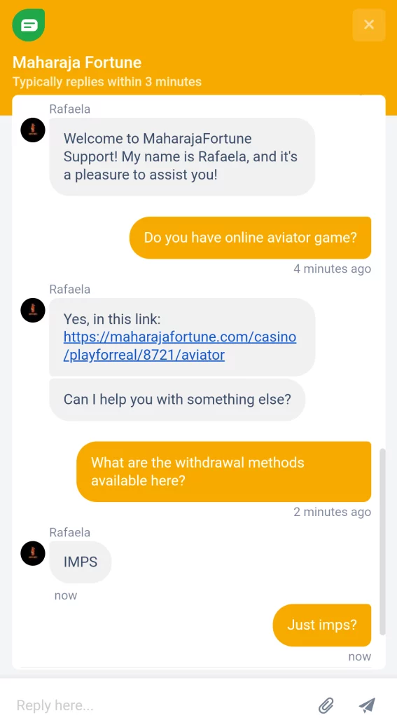 Screenshot of live chat at Maharaja Fortune customer support