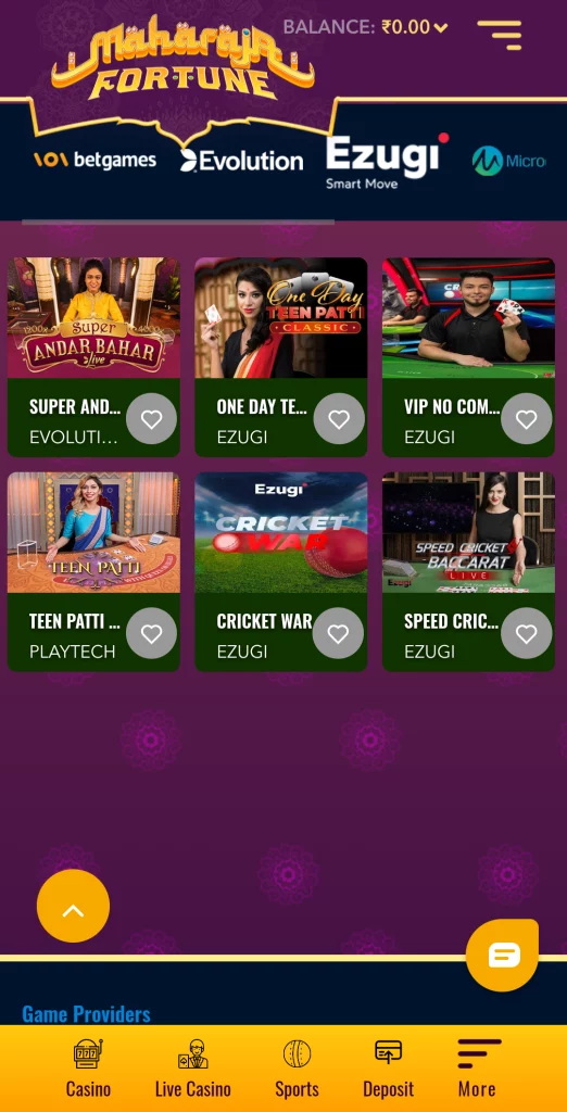 Screenshot of Live Casino Games at maharaja Fortune