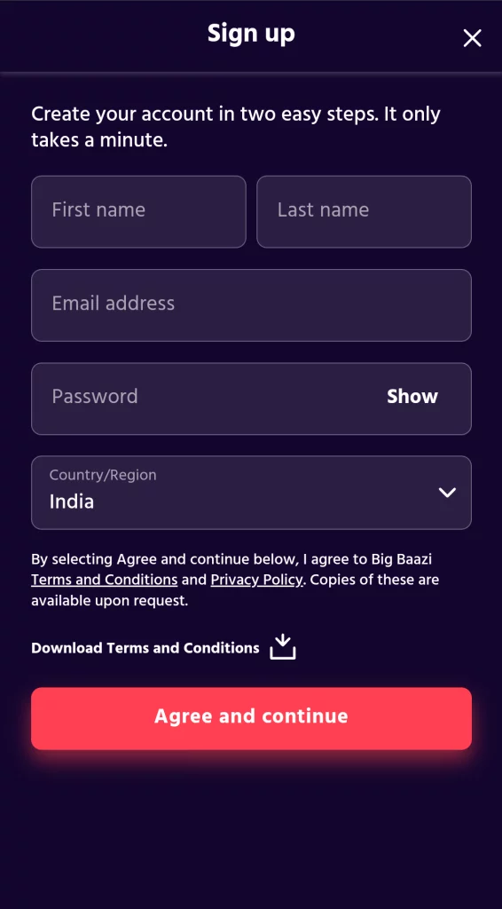 Screenshot of Signup Process at Bigbaazi Casino