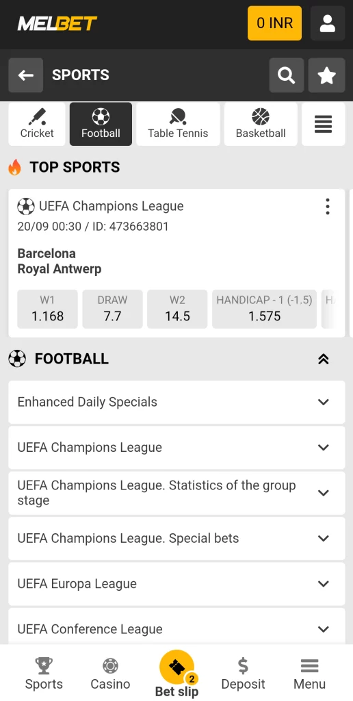 Screenshot of Football Betting at Melbet 